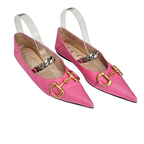 Gucci Horsebit Chain Pointed Toe Ballet Flat Size 38.5 US 8.5 Pink Gold Silver - Picture 1 of 12